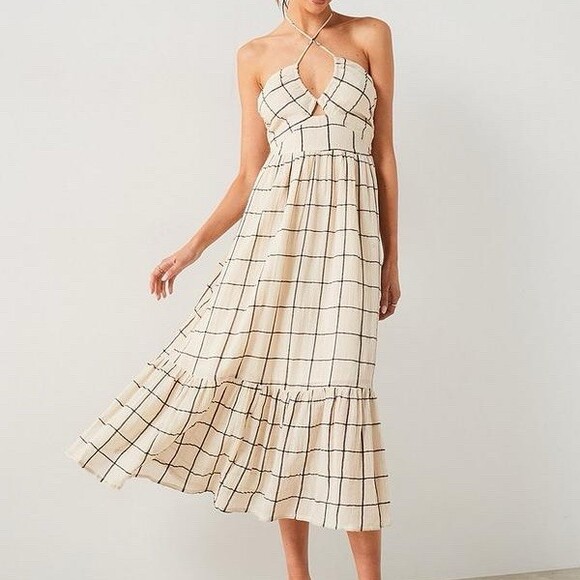 MNG Dresses & Skirts - MNG Mango Dress Womens XS Ivory Black Plaid Halter Midi Ruffle Hem